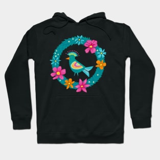 Colorful bird in a green wreath with flowers | repeat pattern Hoodie